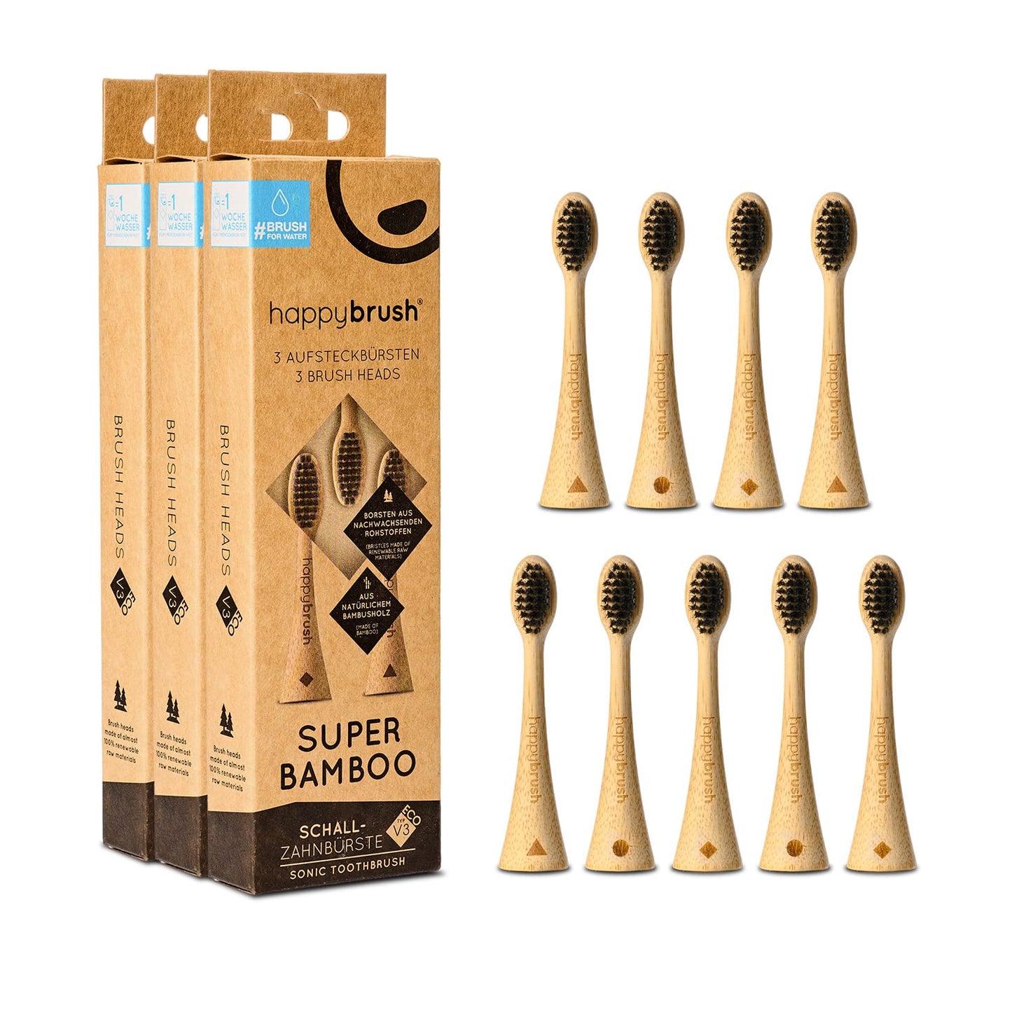 Elektriskās zobu birstes uzgaļi happybrush® no bambusa Eco VIBE 3, jutīgiem zobiem un smaganām, 3x3 gab.