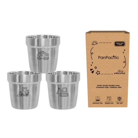 PanPacific bērnu krūzīšu komplekts, 3 daļas, tehnisko transportlīdzekļu raksts, 175 ml, divslāņu nerūsējošais tērauds, metāla dzeramkrūze bērniem, kempinga krūze, āra pārgājienu kafijas krūze zēniem un meitenēm
