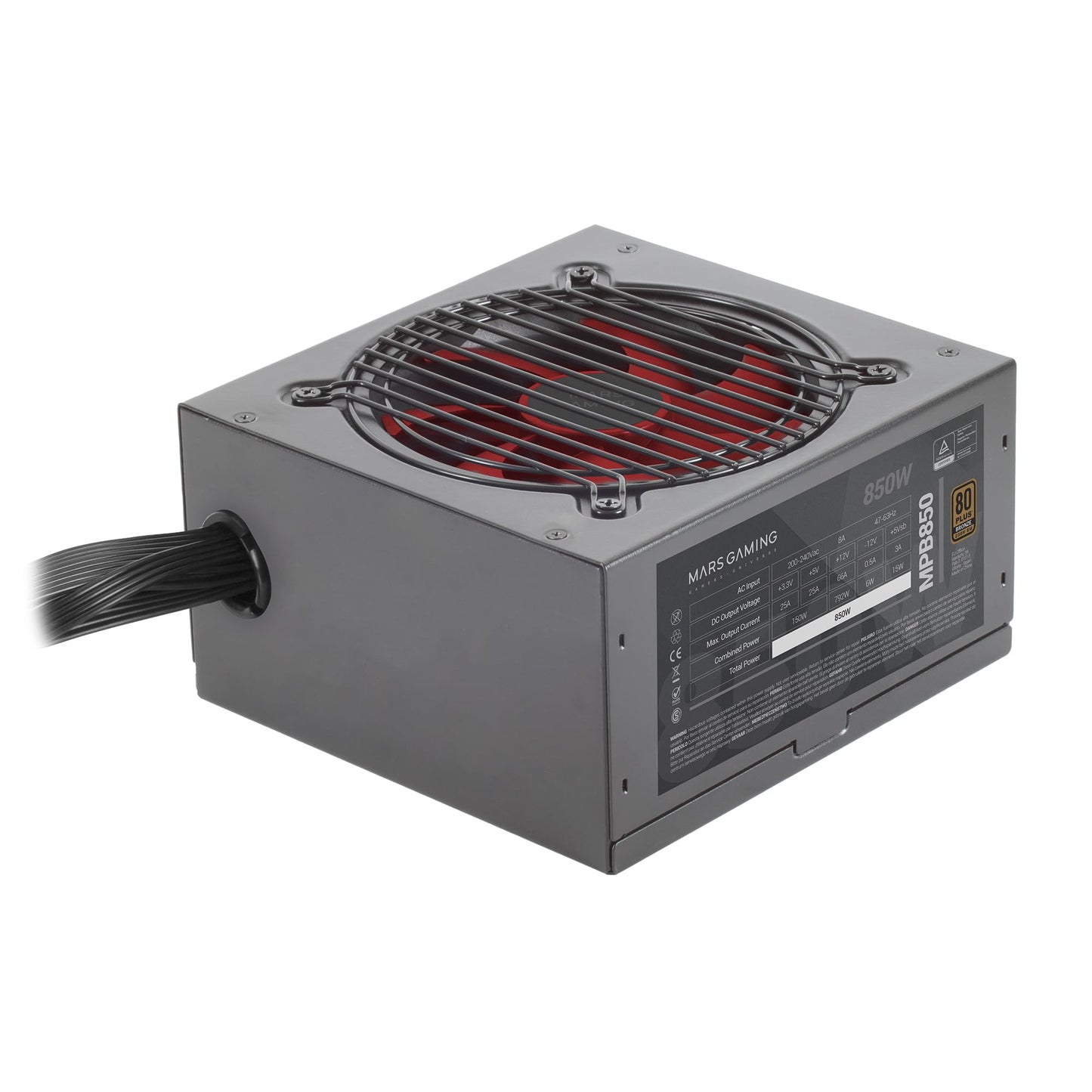 Mars Gaming MPB850 - 850W ATX power supply, 80Plus Bronze, 90% efficiency, 120mm FDB fan with AI-RPM technology, black.