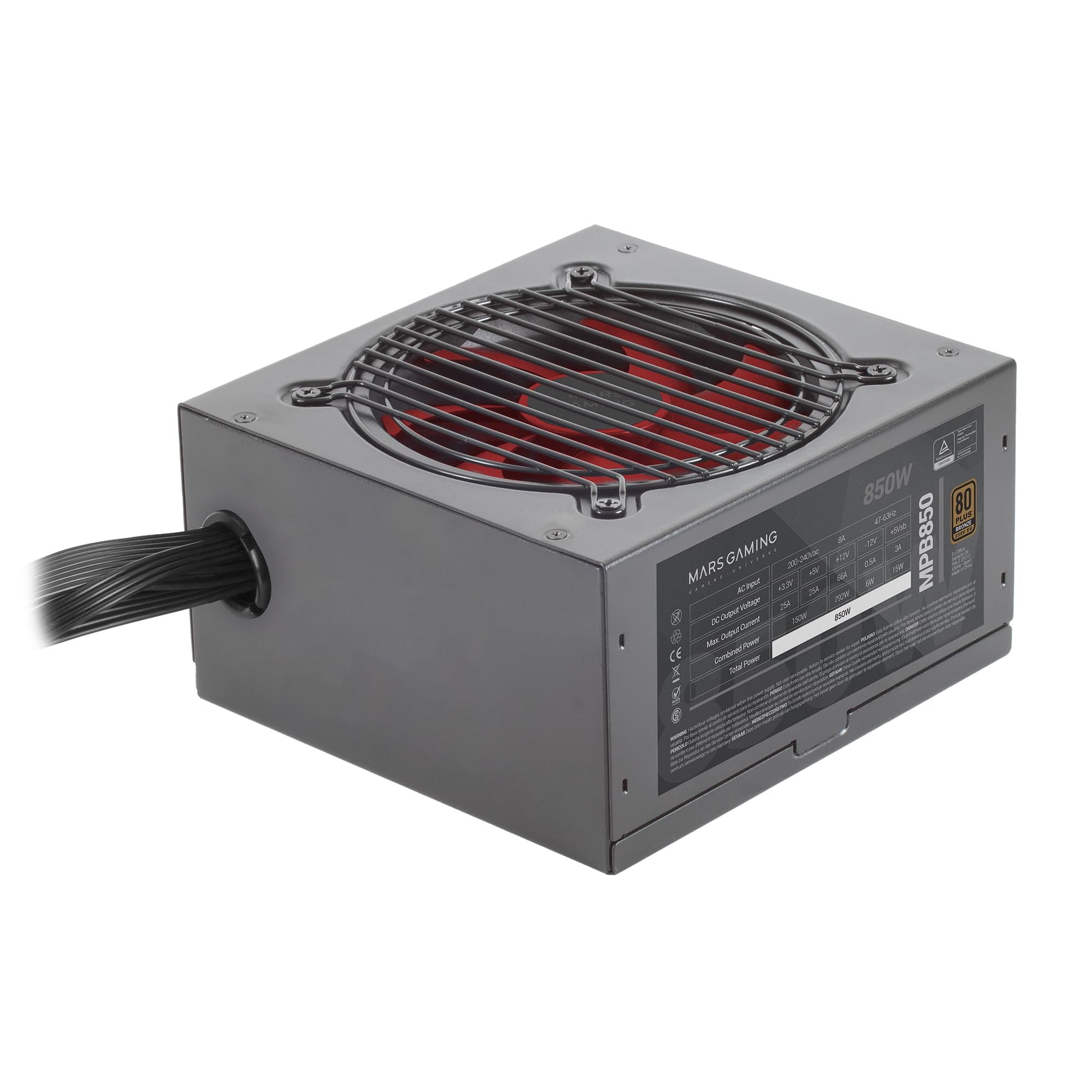 Mars Gaming MPB850 - 850W ATX power supply, 80Plus Bronze, 90% efficiency, 120mm FDB fan with AI-RPM technology, black.