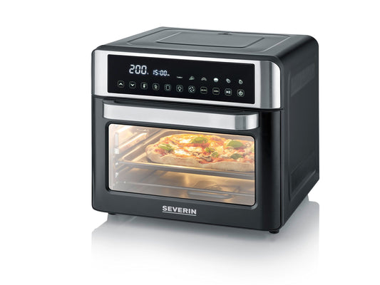 SEVERIN 2-in-1 tosteris un karstā gaisa friteze, gaisa friteze, 25 L, ar LED displeju, taimeri un 12 automātiskajām programmām, ieskaitot cepšanas plāti, grila resti, fritezes grozu, 40-220°C, 2.200 W, melna-sudraba, TO 9579