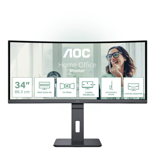 AOC CU34P3CV - 34" WQHD curved monitor, height adjustable, built-in speakers, 3440x1440, 100Hz, HDMI, USB-C, RJ45, black