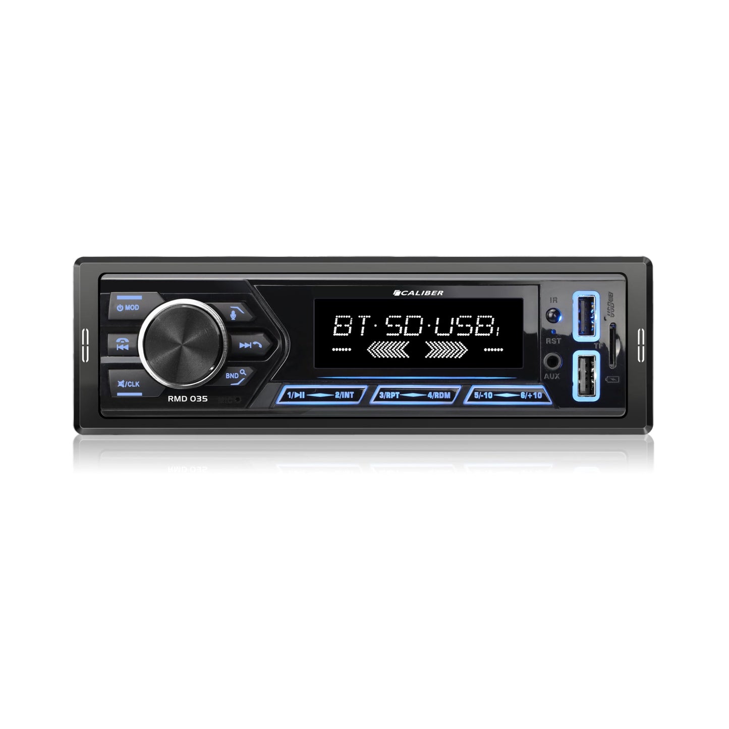 Caliber autoradio ar Bluetooth un USB, 1-DIN, brīvroku sistēma, 40mm montāžas dziļums, 4x55W, 2.1A ātrā uzlāde, MP3/FLAC (RMD035)