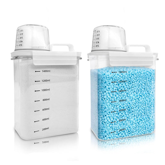 Veļas pulvera uzglabāšanas kaste Cbilzxer, 2 gab., 1800ML mazgāšanas līdzekļa dozators ar mērkrūzi, caurspīdīgs PET plastmasa, bez BPA, daudzfunkcionāls veļas pulvera dozators