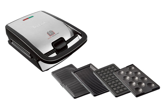 Tefal Snack Collection 4 komplekts SW854D, kombi ierīce, iekļauj 4 pretpiedeguma plātņu komplektus, mazgājama trauku mazgājamajā mašīnā, panini, vafeles, sviestmaizes, saldās kūkas, 700W, melns/nerūsējošais tērauds