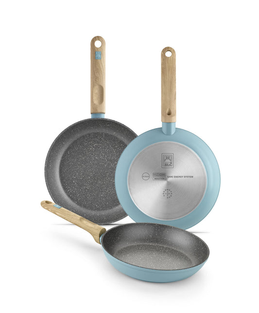 BRA Nordik | Komplekts ar 20-24-28 cm pannām, kaltā alumīnija, nelipīgs pārklājums, tirkīza, piemērots visiem plīts veidiem.
