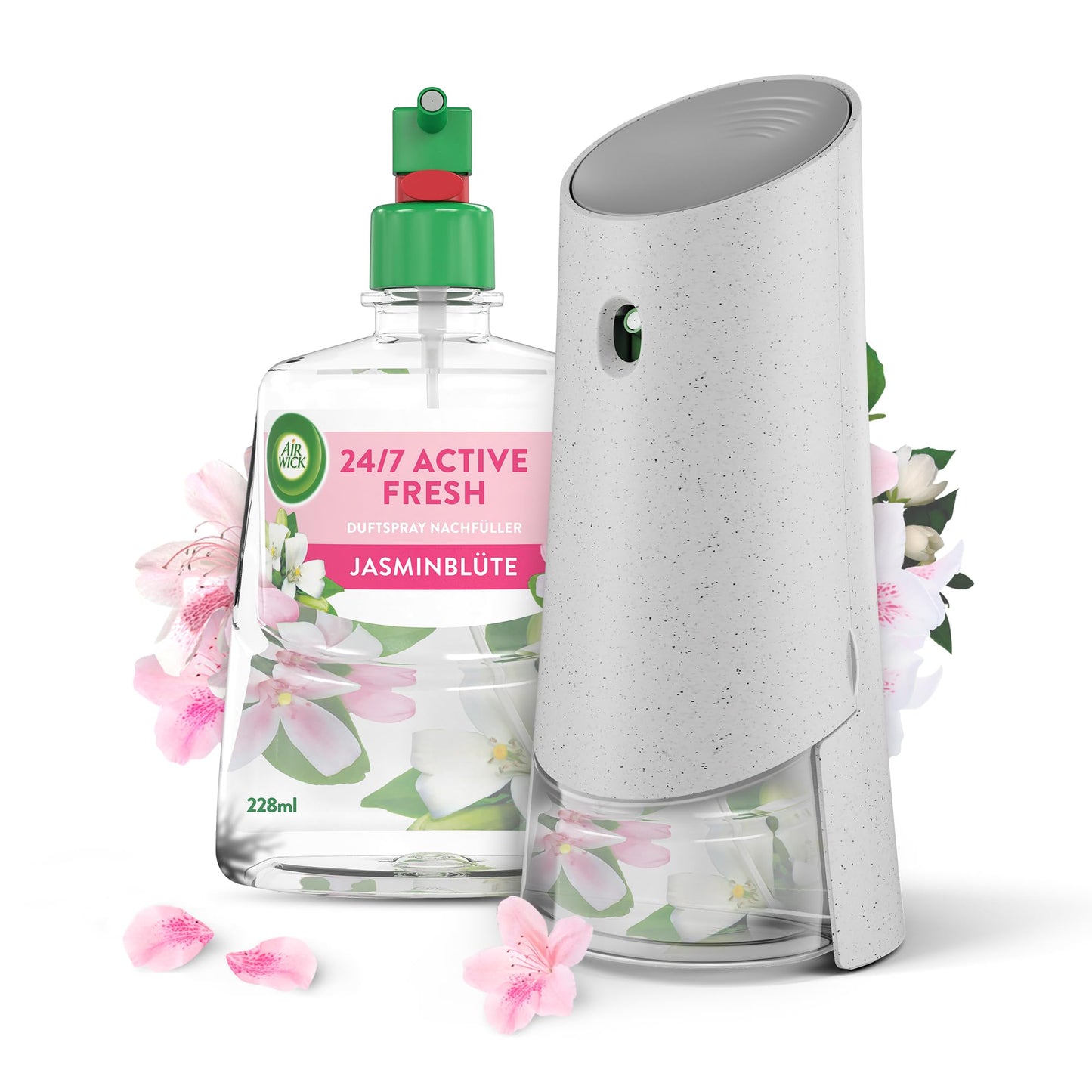 Air Wick Active Fresh – starta komplekts – aerosola nesaturošs automātiskais gaisa atsvaidzinātājs – telpas aromāts Jasminblüte – 228 ml uzpilde + ierīce