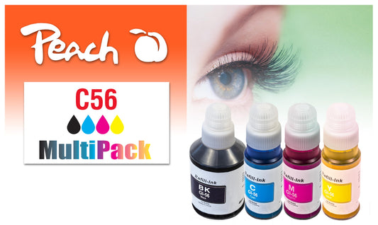 Peach C56 Spar Pack - tintes kasetnes BK, C, M, Y, aizstāj Canon GI-56, saderīgas ar Maxify GX 4050, 6050, 7050, 7055, 5050.