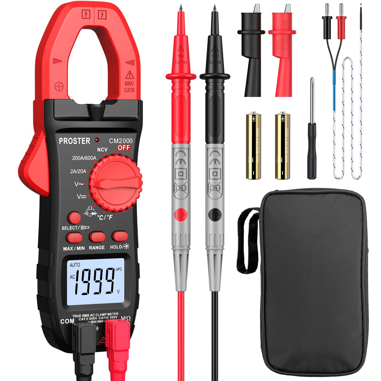 Strāvas knaibles Proster Auto-Ranging Digitale Stromzange 2000 counts TRMS 600A AC, AC/DC sprieguma mērīšanas knaibles, multimetra mērītājs ar apgaismojumu NCV, nepārtrauktības, pretestības, temperatūras, diodes un Hz testam