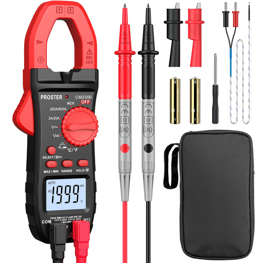 Strāvas knaibles Proster Auto-Ranging Digitale Stromzange 2000 counts TRMS 600A AC, AC/DC sprieguma mērīšanas knaibles, multimetra mērītājs ar apgaismojumu NCV, nepārtrauktības, pretestības, temperatūras, diodes un Hz testam