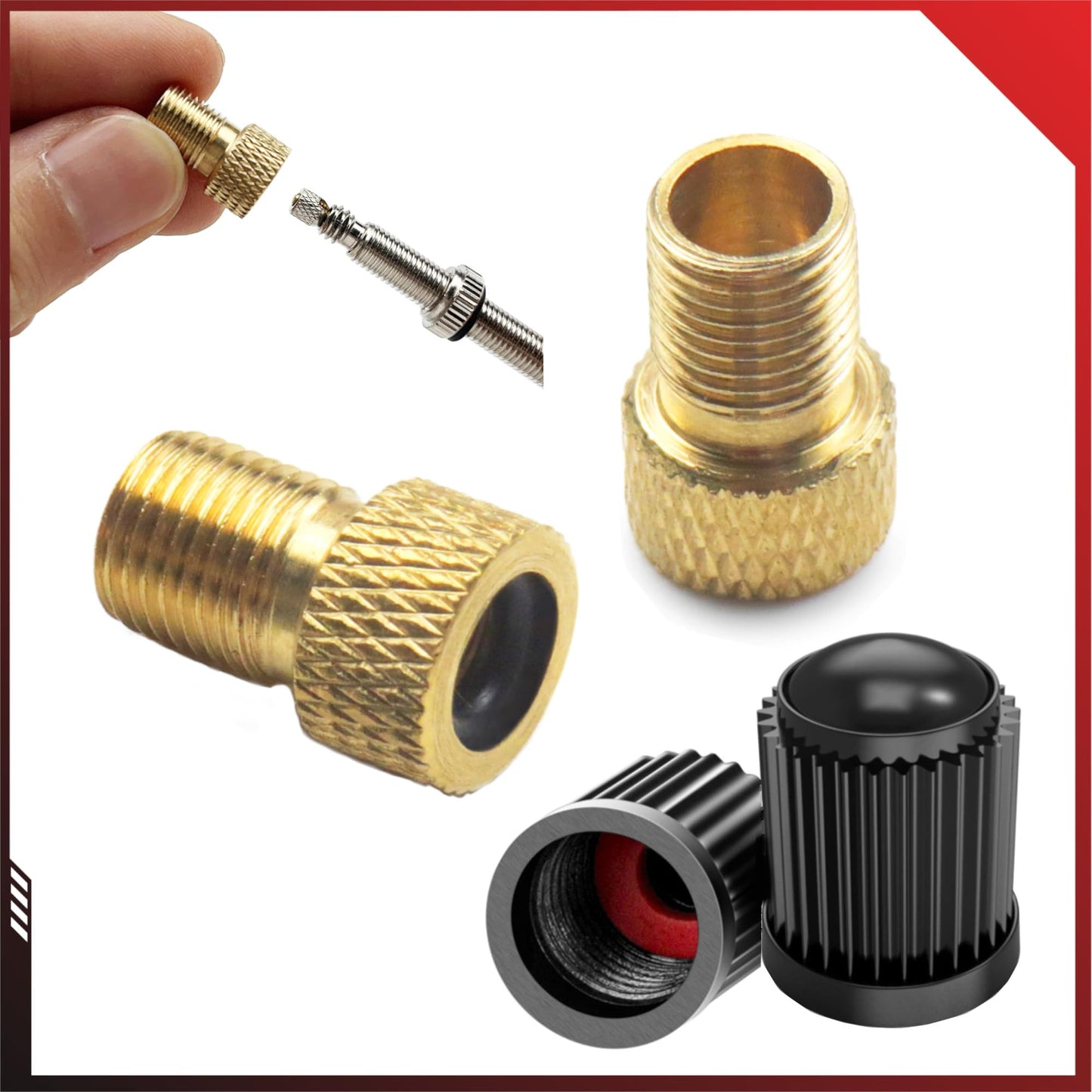 Riteņa vārsta adapteru komplekts 4 gab., Presta, Dunlop un franču vārsts uz auto vārstu (Schrader), 2 Presta-Schrader adapteri + 2 vārstu vāciņi, velosipēda aksesuārs, sūkņa adapteru komplekts