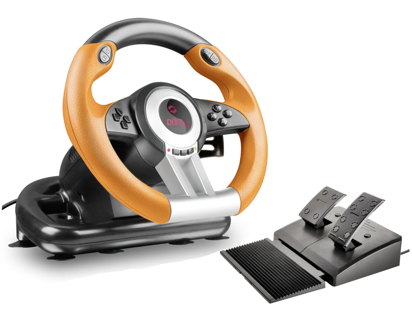 Rokas spēļu stūre Speedlink DRIFT O.Z. Racing Wheel ar USB, PC/kompjūterim, ar pedāļiem un pārslēgšanu, lāpstiņām un pārnesumu kloķi, Force Feedback, melni-oranža