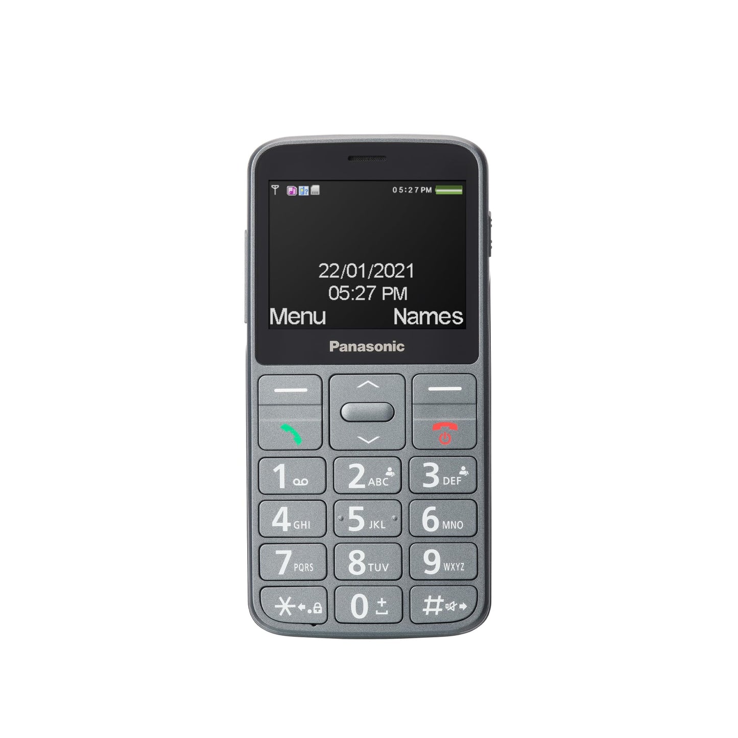 Mobilais telefons senioriem Panasonic KX-TU160EXG 2G, SOS zvana poga, lielas atsevišķas pogas, liels burtnīcas fonts un numuru attēlojums, pelēks