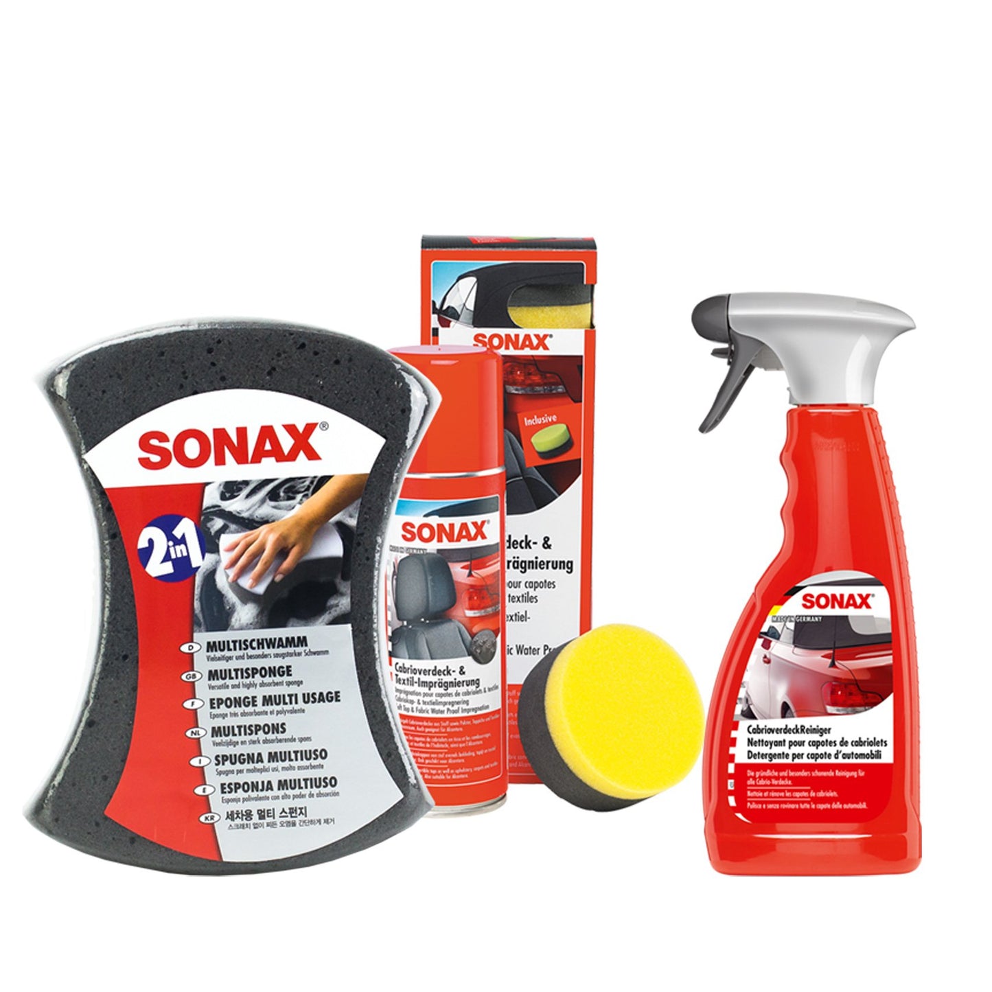 SONAX MultiSchwamm + kabrio jumta un tekstila impregnācija + kabrio jumta tīrītājs komplekts