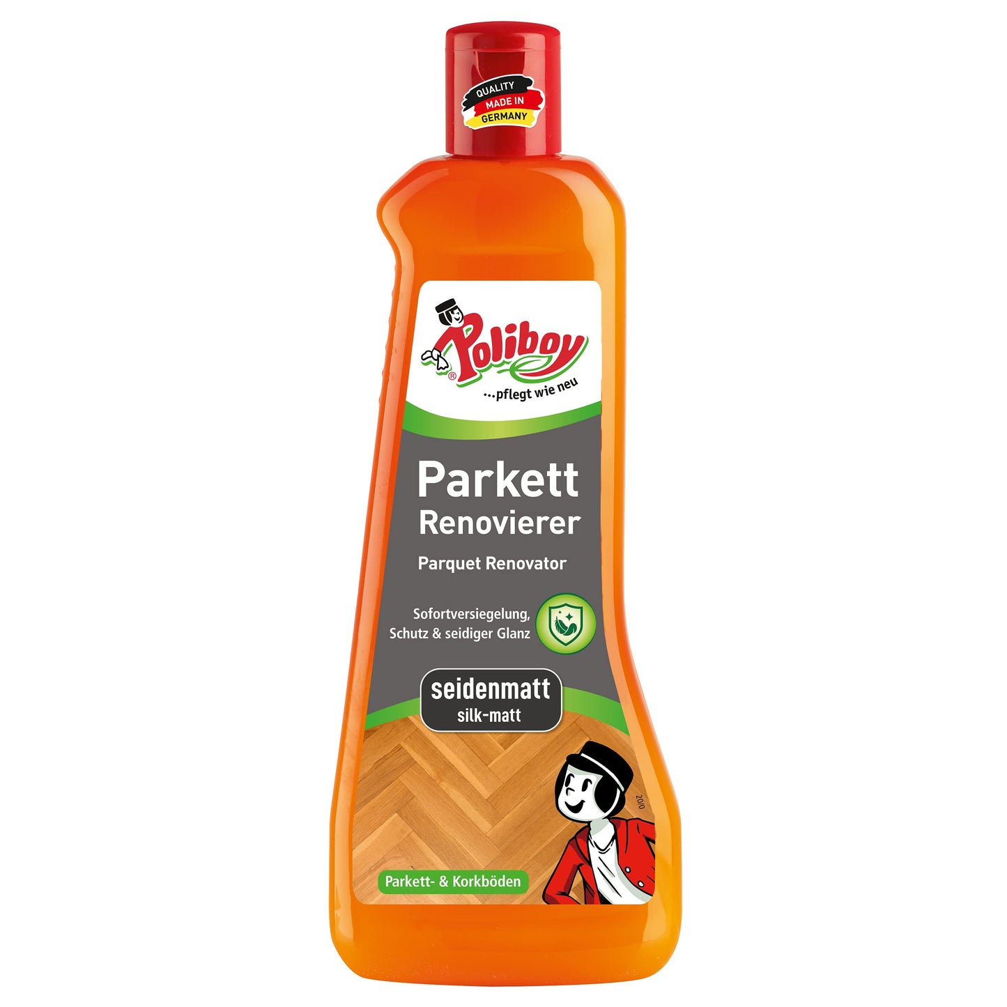 Parketa atjaunotājs Poliboy, zīdaini matēts, nolietotām koka un korķa grīdām, grīdas kopšanai, 500ml, Ražots Vācijā