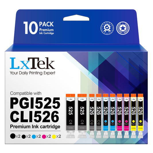 LxTek PGI-525 CLI-526 saderīga tintes kasetne - 10 iepakojums, saderīga ar Canon MG5350, MG5150, IP4850, IX6550.