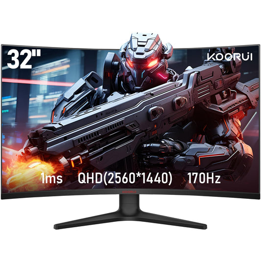 KOORUI 32 collu izliekts spēļu monitors - 2K QHD, 170Hz, 1ms, HDR 10, AdaptiveSync, acu aizsardzība, DCI-P3 90%