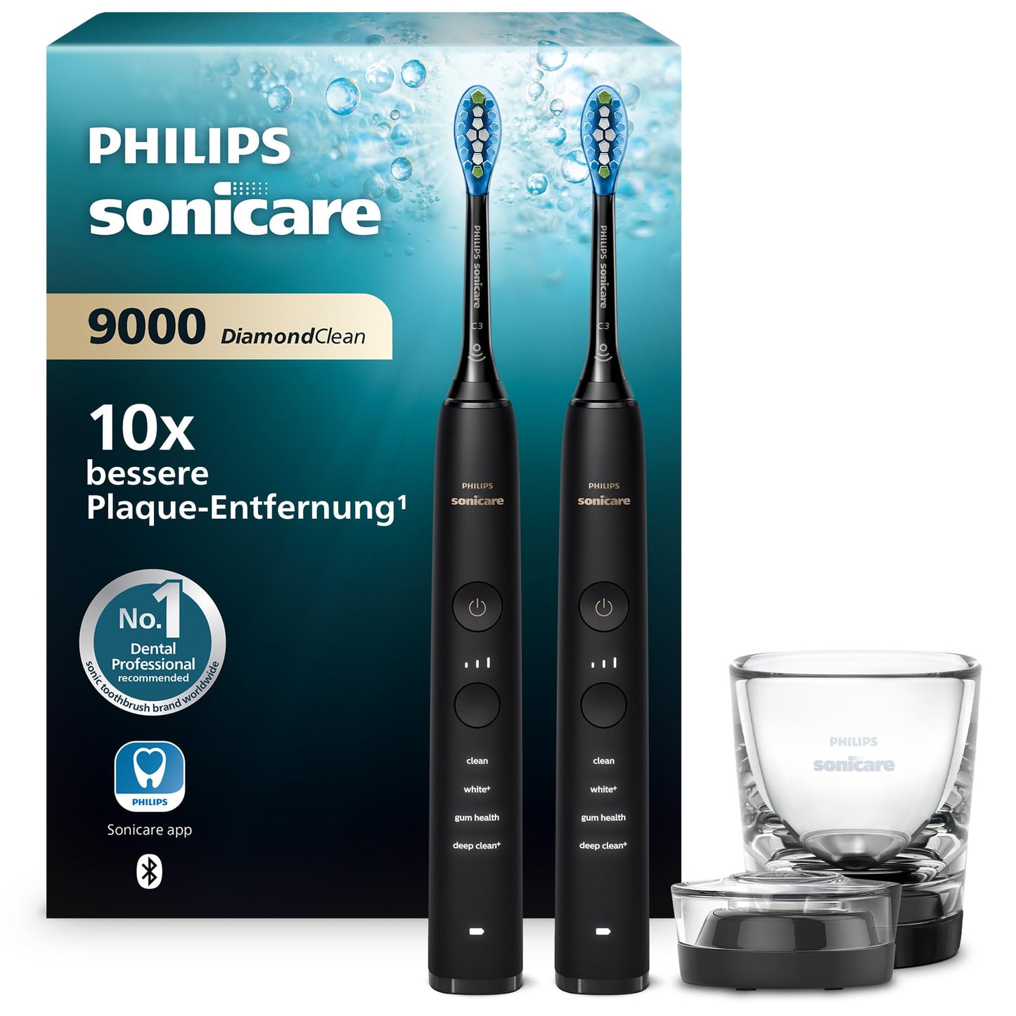 Elektriskā zobu birste Philips Sonicare DiamondClean 9000, skaņas zobu birste ar lietotni, spiediena kontroli, 4 tīrīšanas režīmi, 3 intensitātes līmeņi, uzlādes glāze, melna, divu komplekts, HX9914/54