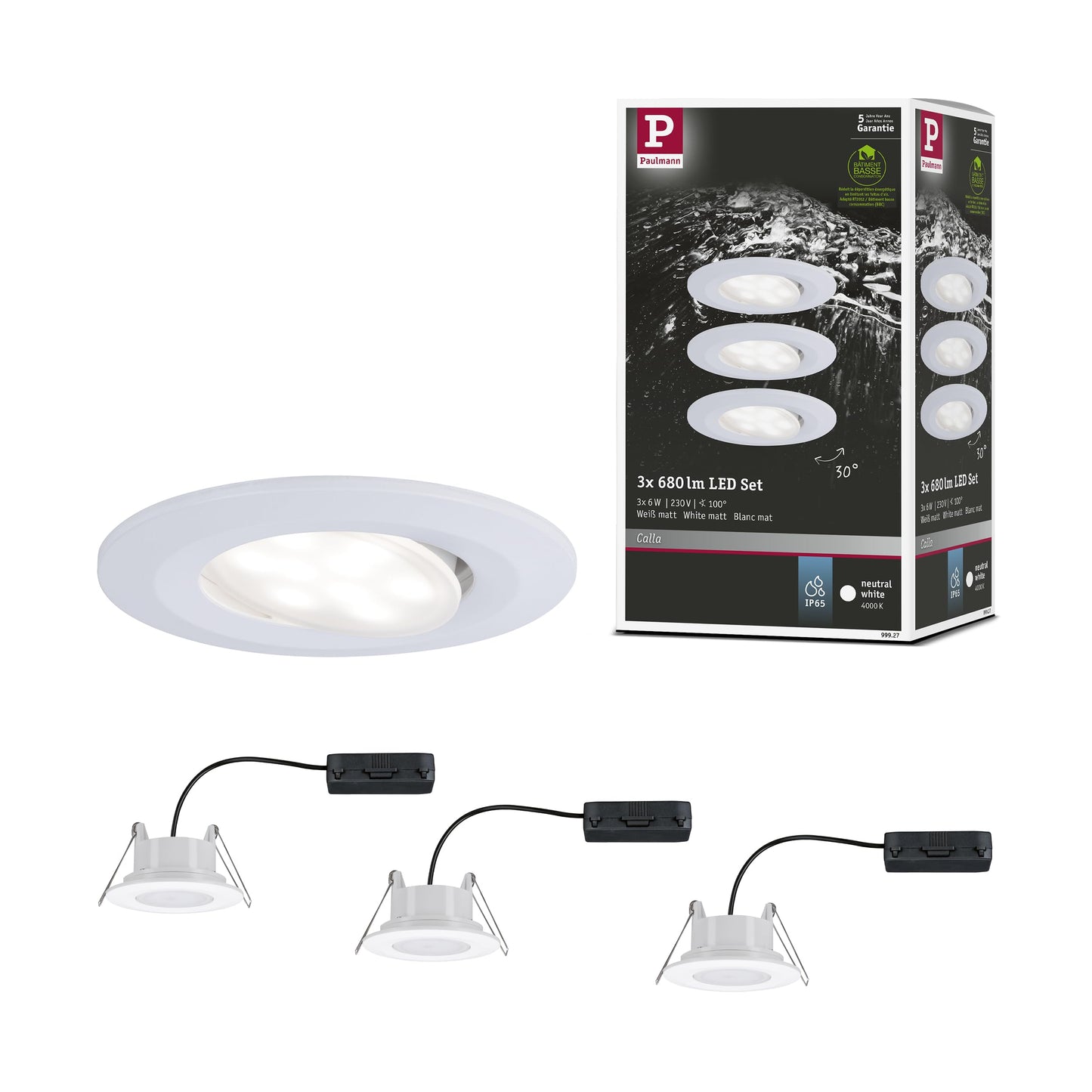 Iebūvējamais LED gaismeklis Paulmann 99927 Calla, apaļš 3x6W, balts matēts, grozāms