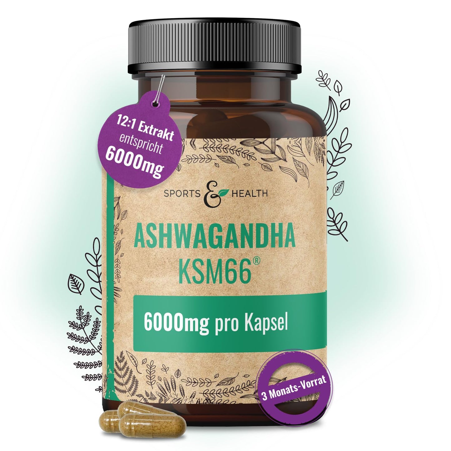 Augstas koncentrācijas ašvagandas KSM-66 kapsulas - 100 gab., 6000 mg vienā kapsulā