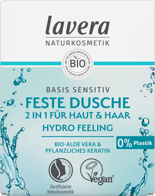 Ciets dušas līdzeklis 2 in 1 sejas un matu kopšanai lavera Basis Sensitiv 50 g – ar bio alveju un augu keratīnu – maigi attīra, neizsausina