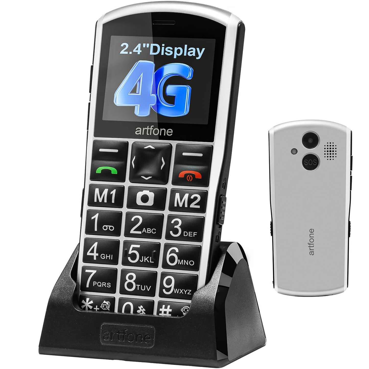 Senioru mobilais tālrunis artfone A400 4G bez līguma | 2,4 collu krāsu displejs | Dual SIM ar SOS pogu | Lielo pogu telefons | 1800 mAh akumulators | Ar uzlādes staciju