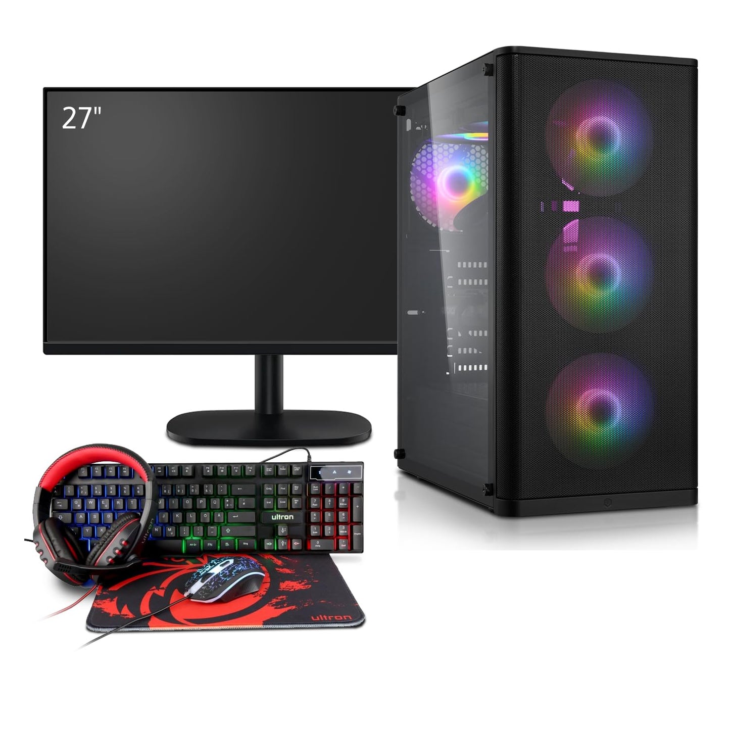 Gaming pilnais PC komplekts AMD 5700X, NVIDIA RTX 5060 8GB, 32 GB DDR4 RAM, 1 TB M.2 SSD, Windows 11 Pro, 27 collu 100 Hz spēļu monitors, austiņas, tastatūra, pele, WLAN