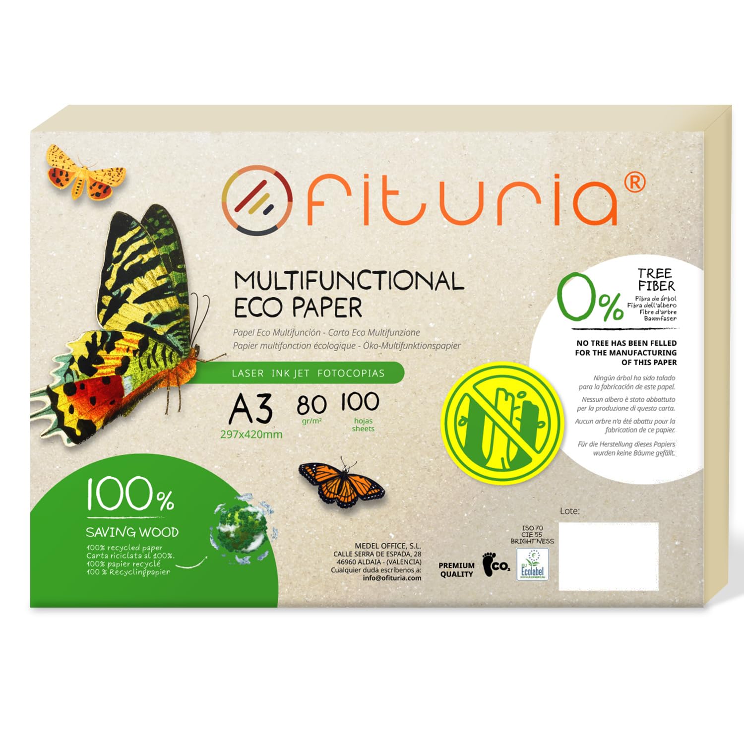 Pārstrādāts papīrs A3 - 80 g, 100 loksnes, 100% pārstrādāts, dabīga krāsa, piemērots lāzer- un tintes printeriem