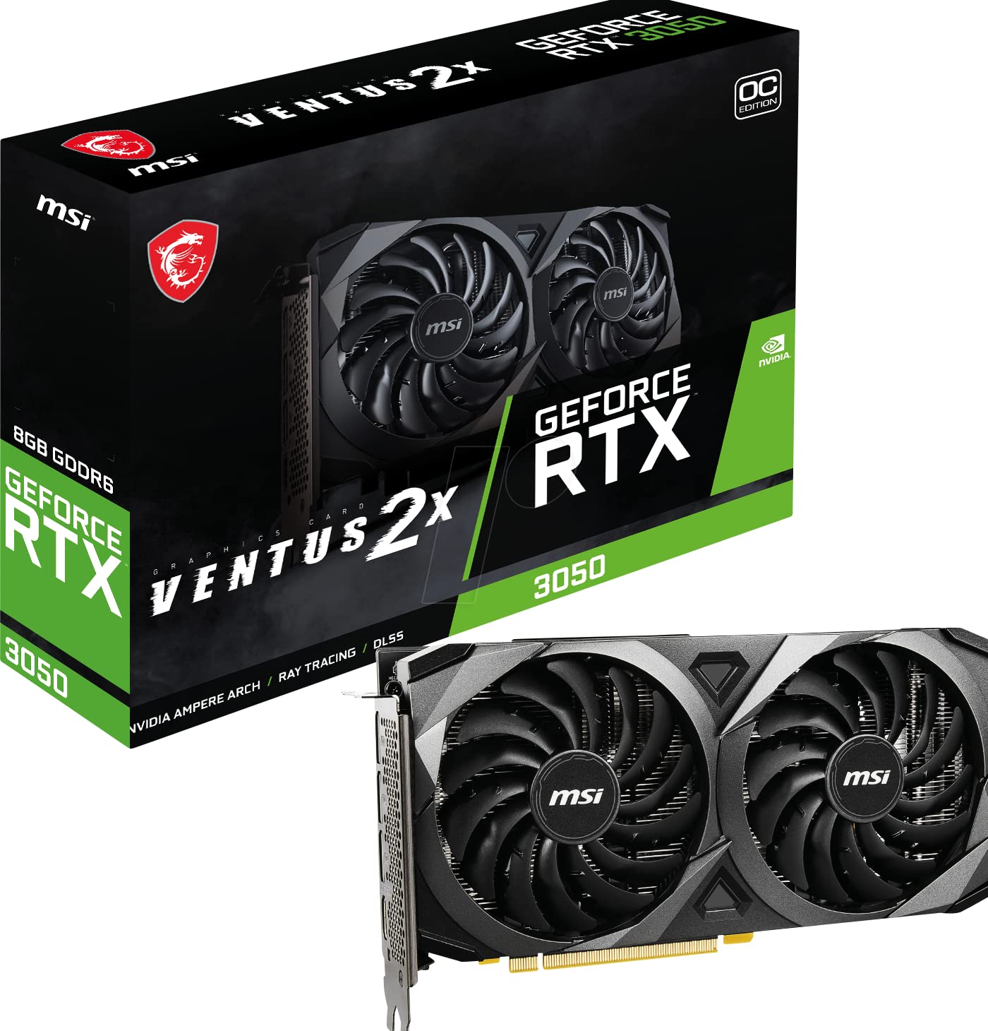 MSI GeForce RTX 3050 Ventus 2X 8G OC - NVIDIA RTX 3050, 8 GB DDR6 memory, dual-fan cooling for gaming performance
