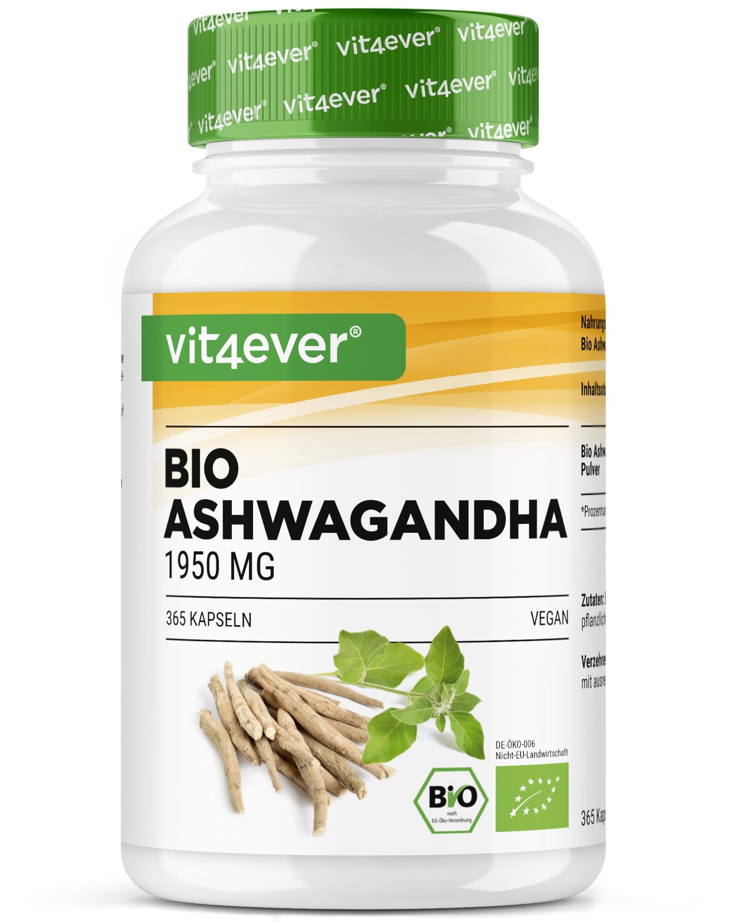 Bio ašvandas kapsulas vit4ever – 365 kapsulas, bioloģisks sakņu pulveris no Indijas
