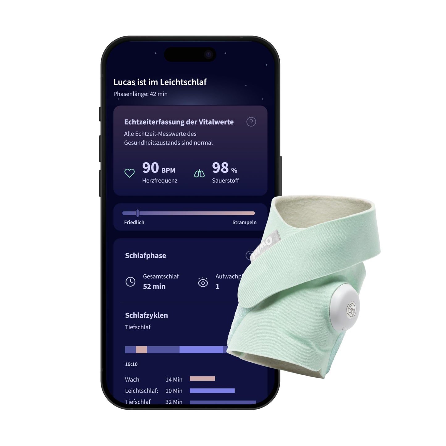 Viedrā bērnu aukle Owlet Dream Sock ar lietotni, piparmētru krāsā