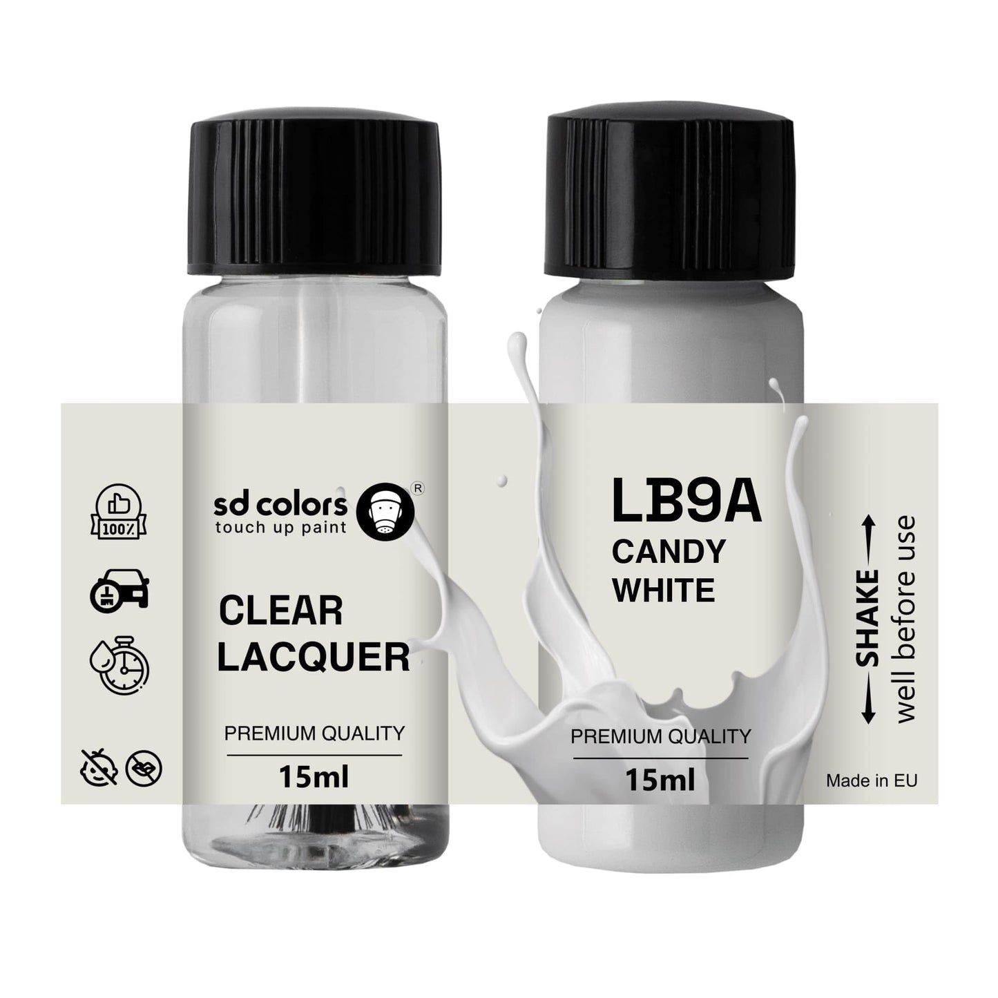 Auto krāsa SD COLORS Candy White LB9A B9A B4, 15 ML, remonta otiņa, krāsas kods LB9A B9A B4, saldaini balta (krāsa + laka)