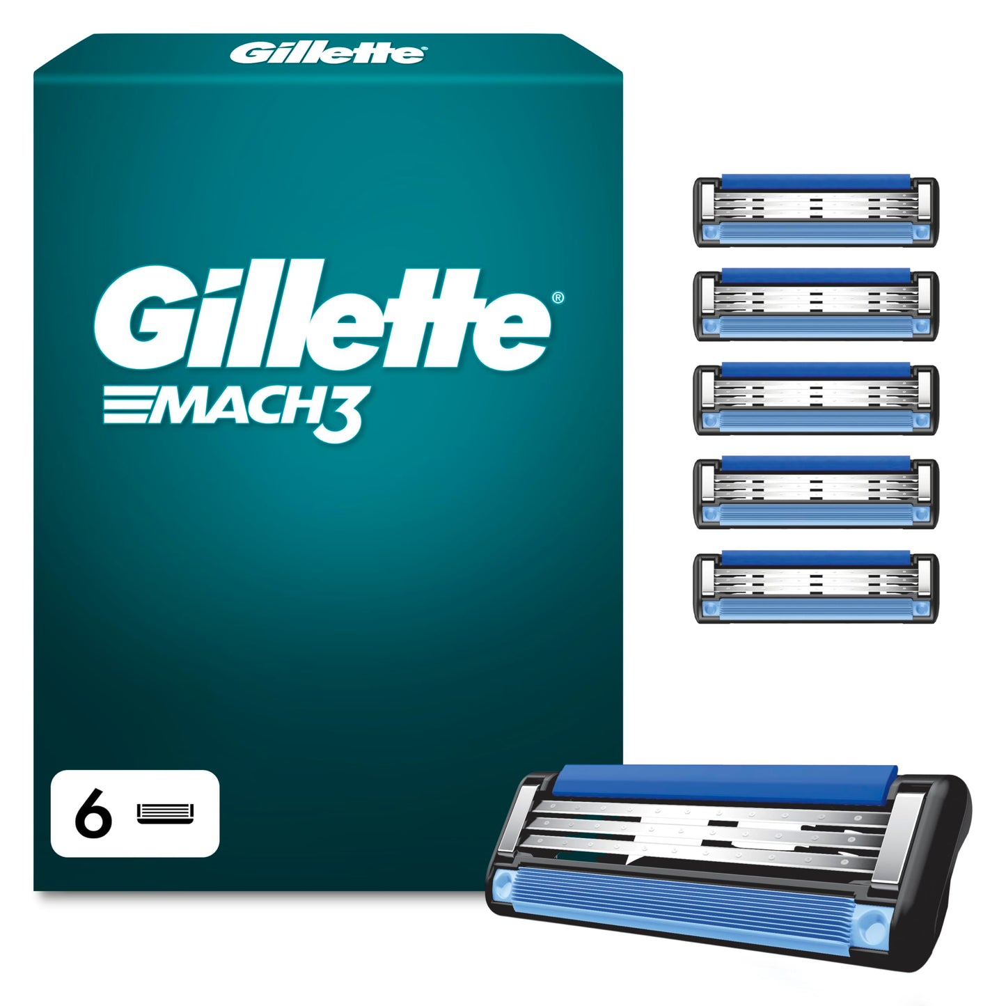 Gillette Mach 3 vīriešu skuvekļa asmeņi, 6 oriģinālās kasetnes, zili