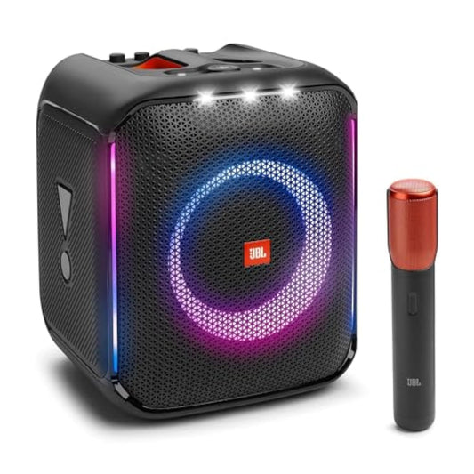 JBL PartyBox Encore Essential Pārnēsājamais iekštelpu un āra ballīšu skaļrunis ar iebūvētām gaismām, IPX4 ūdensizturīgs dizains, dziļa basa skaņa un 10 stundu atskaņošanas laiks, melnā krāsā.