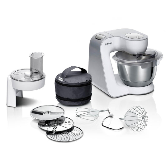 Bosch virtuves mašīna sērija 4 MUM58210, nerūsējošā tērauda bļoda 3,9 L, planētas maisītājs, konditorejas komplekts no nerūsējošā tērauda, mīcīšanas āķis, putošanas slotiņa, maisīšanas slotiņa, caurplūdes griezējs, 3 diski, 1000 W, balta/sudraba