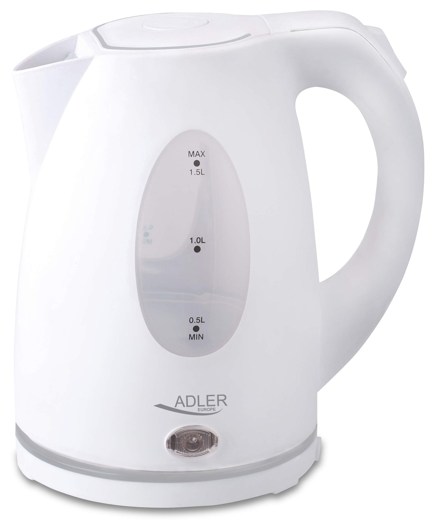 ADLER plastmasas tējkanna 1,5 l - bezvadu bāze, 2200 W jauda, balta, viegla un ērta lietošanai.