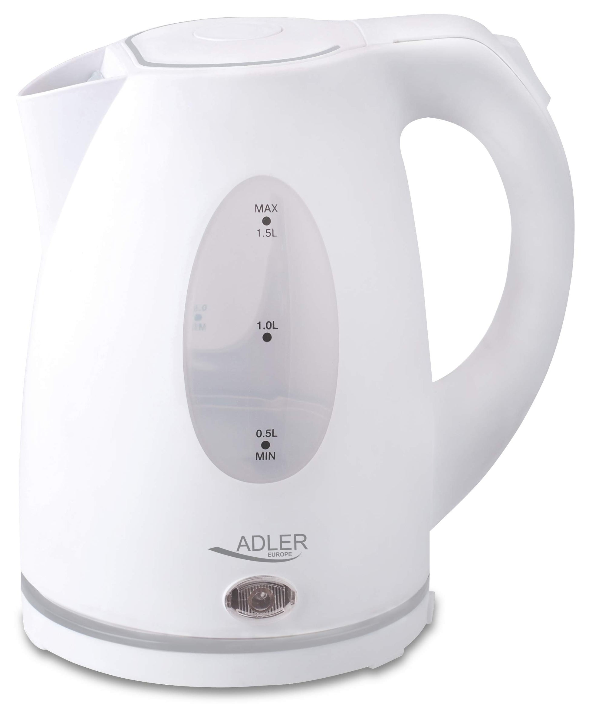 ADLER plastmasas tējkanna 1,5 l - bezvadu bāze, 2200 W jauda, balta, viegla un ērta lietošanai.