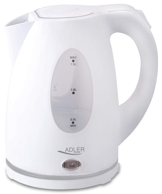 ADLER plastmasas tējkanna 1,5 l - bezvadu bāze, 2200 W jauda, balta, viegla un ērta lietošanai.