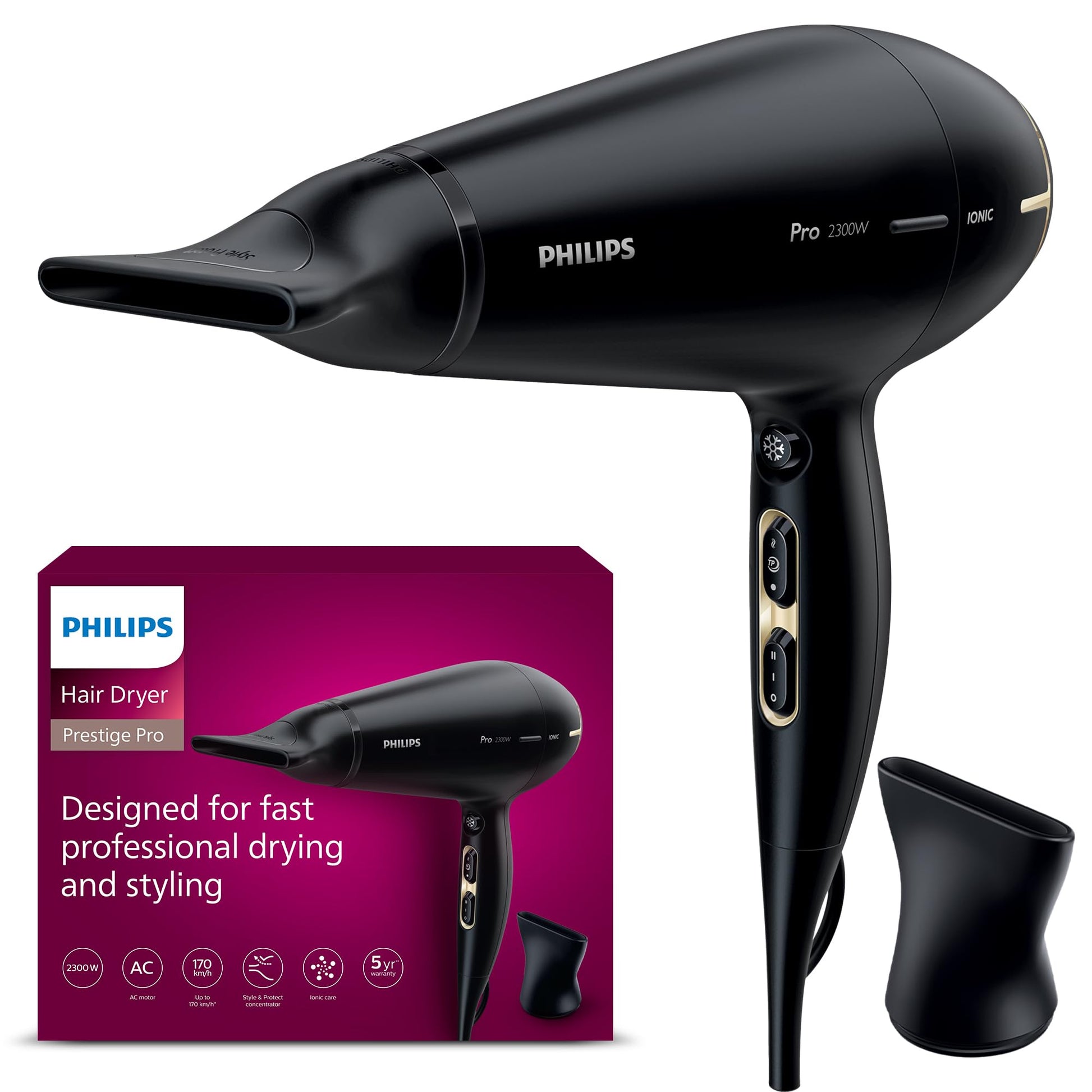 Philips matu žāvētājs Prestige Pro, matu žāvētājs profesionālai žāvēšanai un stilizēšanai, ar 2 stilizēšanas uzgaļiem, 2.300 W, modelis HPS920/00