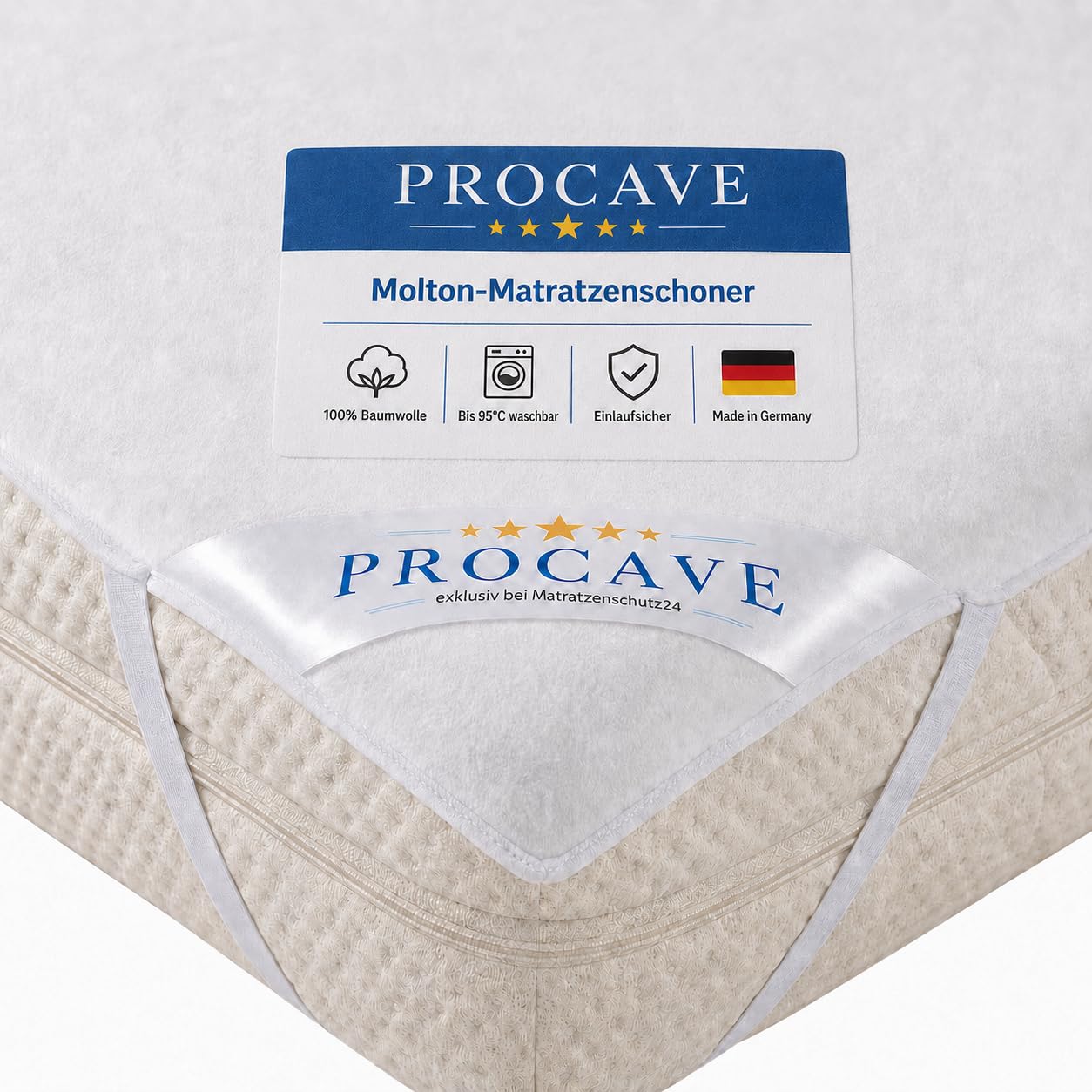 PROCAVE Molton matraču aizsargs balts, 100% kokvilna, matraču paliktnis, Premium kvalitāte, ražots Vācijā, 100x200 cm