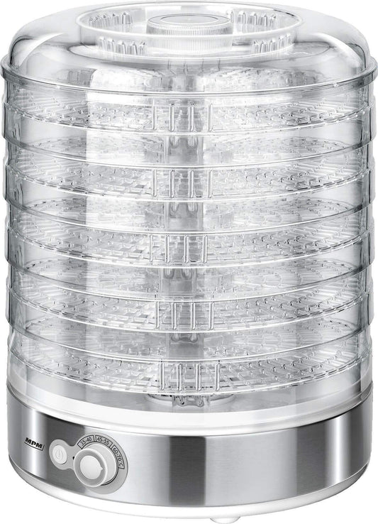 MPM MSG-11 Dörrautomat Elektriskais, salokāms, 5 kaudzes trauki 31 cm, BPA brīvs, temperatūras regulators no 35°C līdz 70°C, žāvē augļus, dārzeņus, garšaugus, gaļu un vēl, 500W, 500, nerūsējošais tērauds, balts