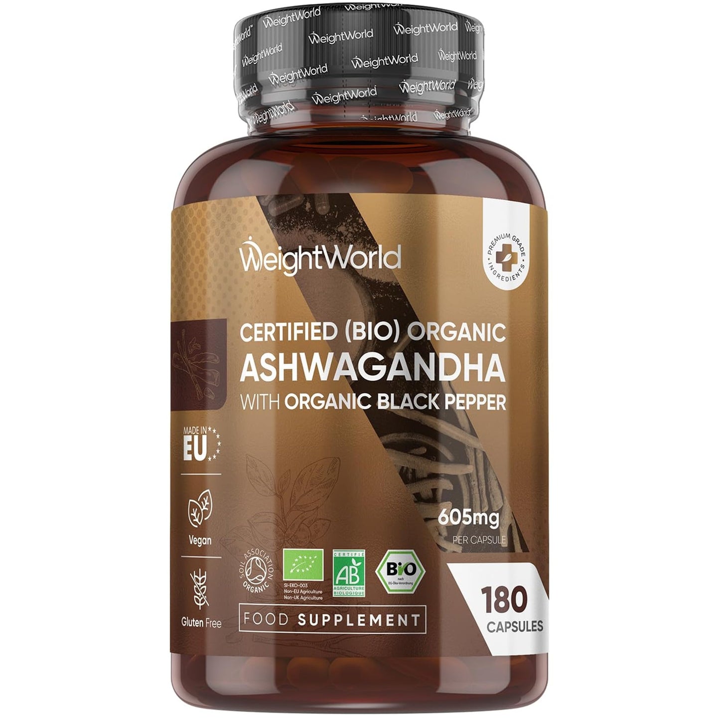 Ashwagandha kapsulas WeightWorld Bio - 180 kapsulas ar melnajiem pipariem