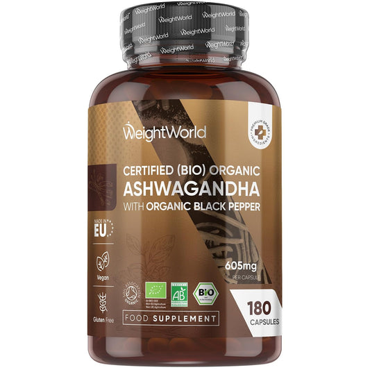 Ashwagandha kapsulas WeightWorld Bio - 180 kapsulas ar melnajiem pipariem