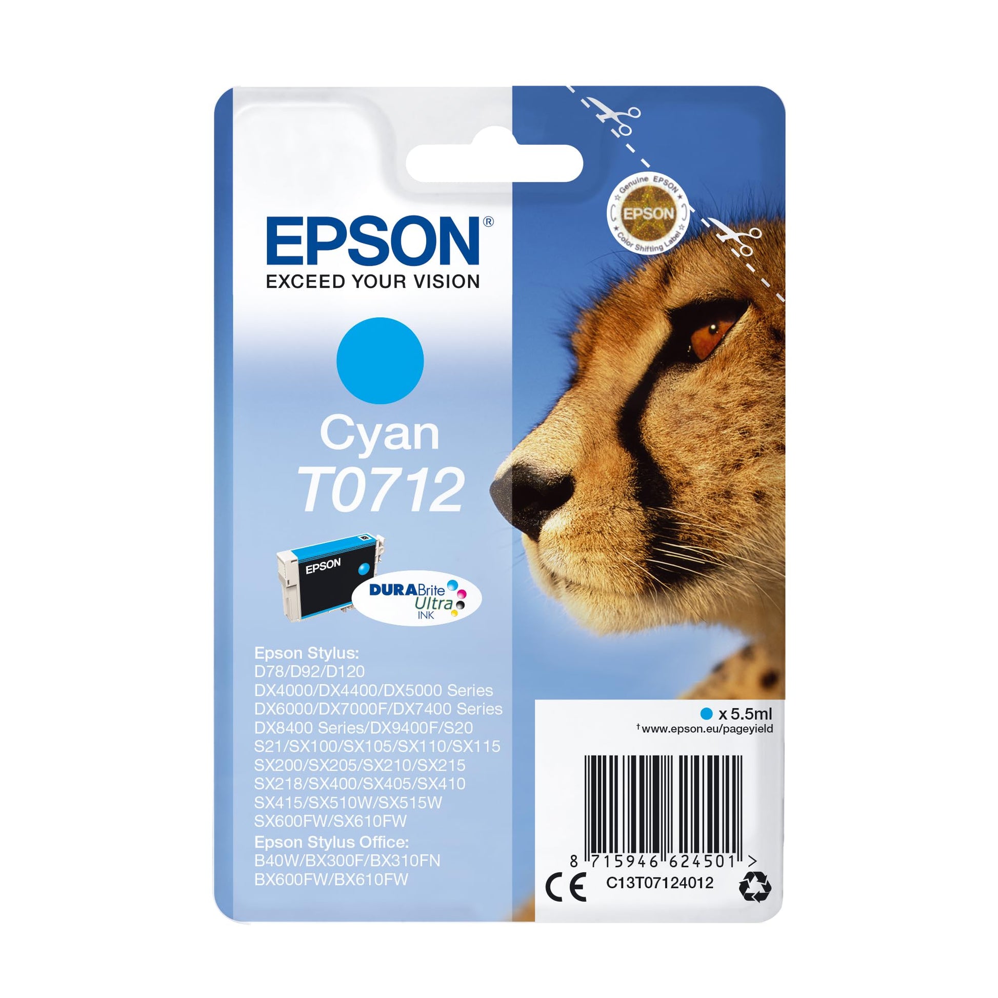 Epson T0712 tinte gepards - izturīga pret izsmērēšanos un ūdeni, ciāna, viena iepakojuma.
