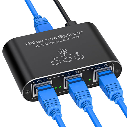 LAN slēdzis 1 uz 3 VEDINDUST, 1000Mbps Gigabit Ethernet tīkla sadalītājs no alumīnija ar USB-C strāvas kabeli datoram, maršrutētājam un TV uztvērējam