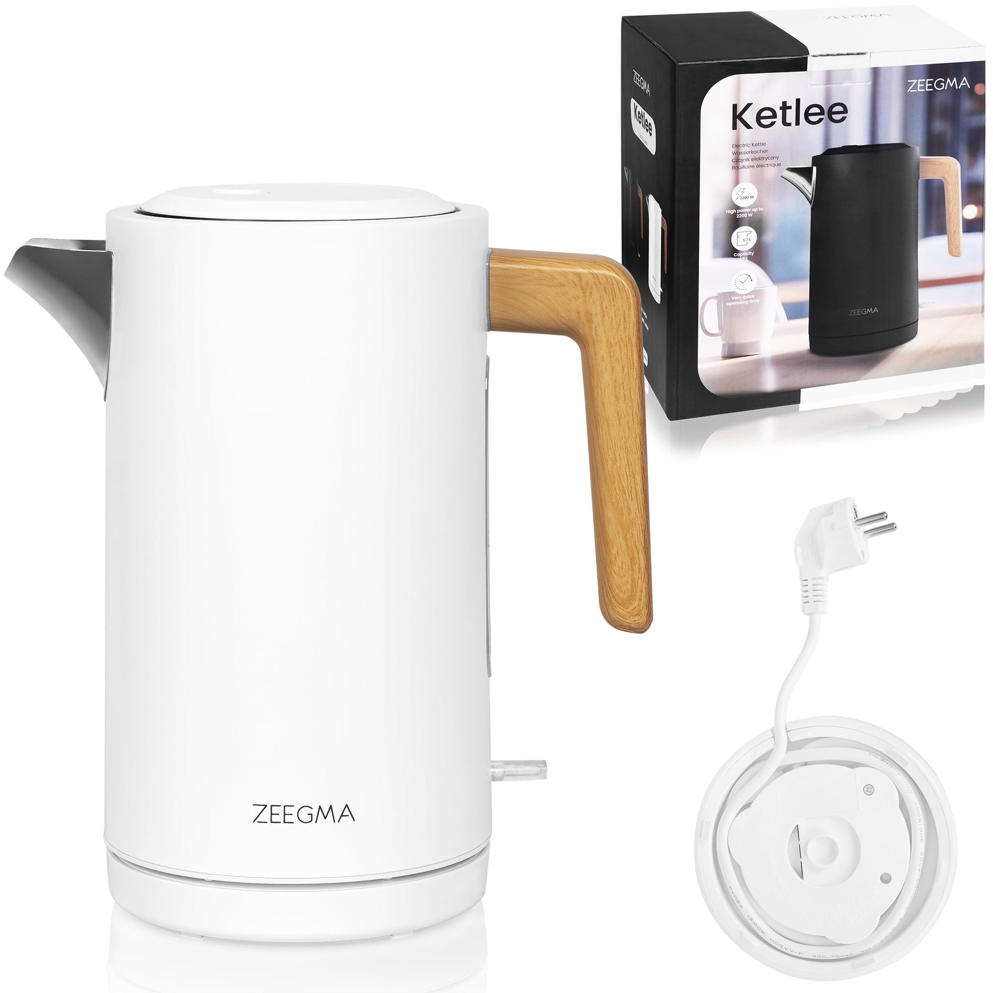 ZEEGMA KETLEE 1.7L - Bezvadu elektriskā tējkanna, 2200W, ūdens līmeņa indikators, automātiska izslēgšanās, nerūsējošais tērauds.