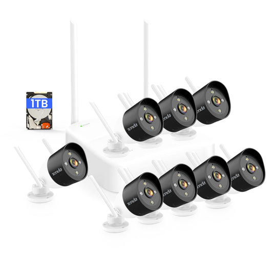Tenda uzraudzības kamera āra WLAN komplekts, 8X 2K WLAN kamera āra + 8CH bezvadu NVR + 1TB HDD video uzraudzībai, pilnkrāsu nakts redzamība, IP66, cilvēku atpazīšana un kustības atpazīšana, K8W-3TC-1T
