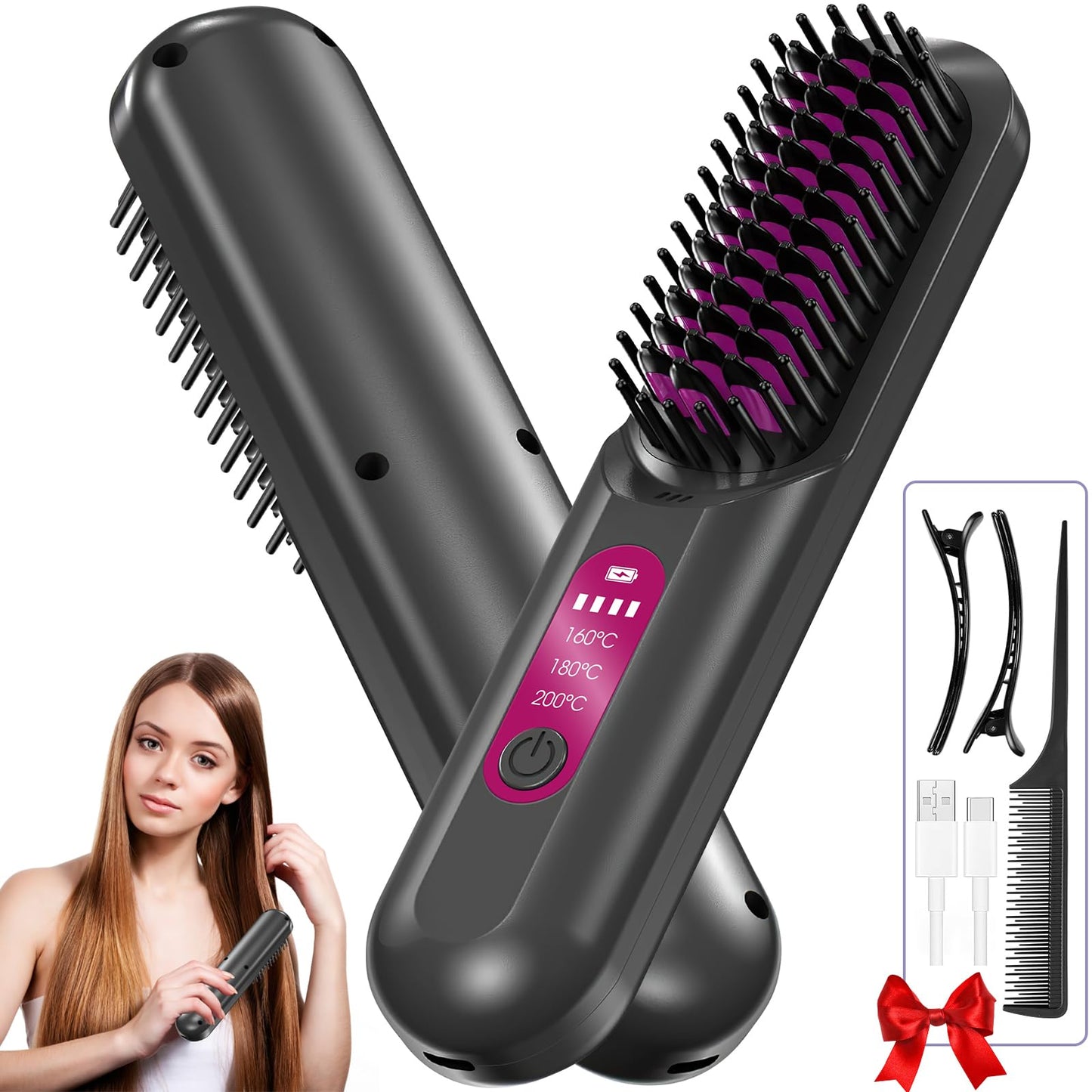 LADYSONS matu izlīdzināšanas suka, 5000mAh bezvadu izlīdzināšanas suka, mini portatīvais izlīdzinātājs ceļojumiem, ātra uzsildīšana, negatīvo jonu matu izlīdzināšanas stila suka matu veidošanai