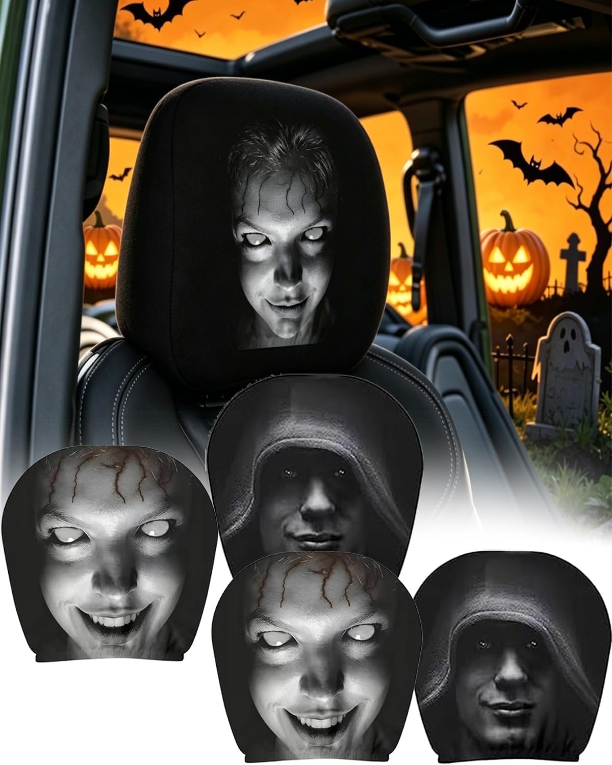 Haokelai 4 gab. smieklīgi auto galvas balstu pārvalki, Ghost Face galvas balstu pārvalki, divpusēji apdrukāti šausmu stila pārvalki, Halloween auto galvas balstu aizsargi, transportlīdzekļiem, truck, SUV