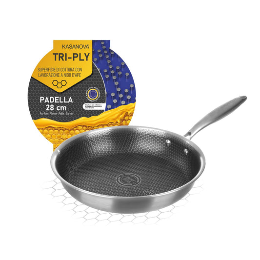 Kasanova trīsslāņu cepamā panna 28 cm - 3 slāņi, neitrāls, izturīga, vienmērīga siltuma izkliede.
